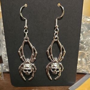 Silver Spider Skull Dangle Earrings
